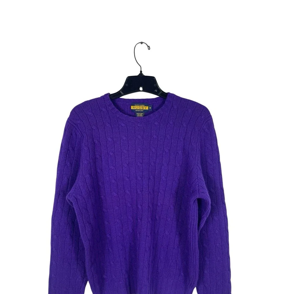 Ralph Lauren Rugby M Purple Cable Knit Sweater Wool Angora Cashmere Blend